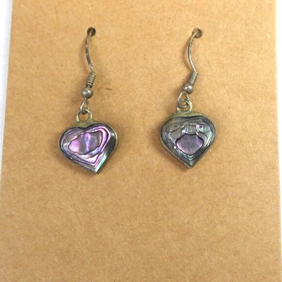 Alpaca Mexico Abalone Shell Heart Dangle Fishhook Pierced Earrings Love Purple - Picture 1 of 6